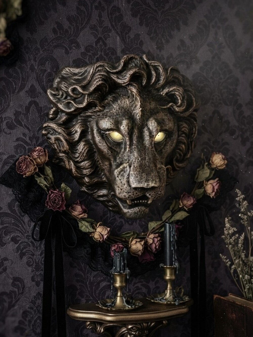 Strikingly Beautiful Lion Head Wall Sconce Candle Holder Goth Decor Glass Eyes